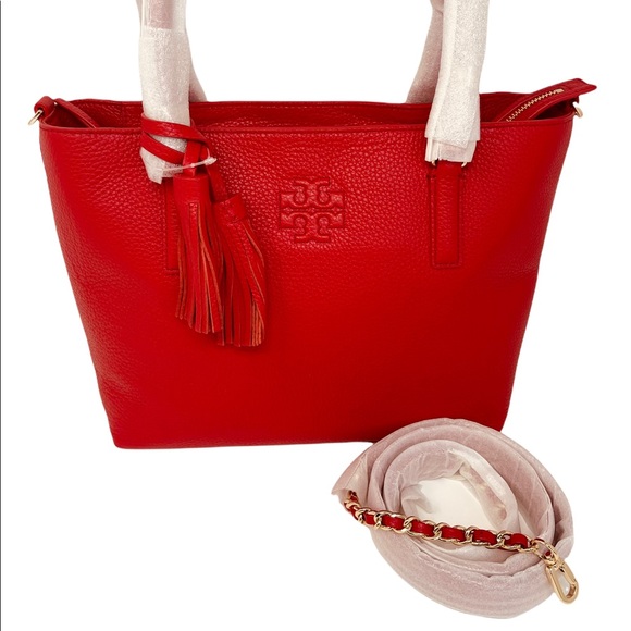 NEW Tory Burch Red Thea Small Convertible Red Pebbled Leather Tote - Picture 1 of 10